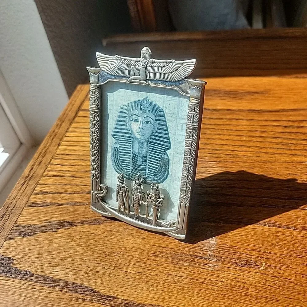 Vtg Egyptian Art Deco miniature photo frame Gods Hieroglyphs Silver 2.5x3.5